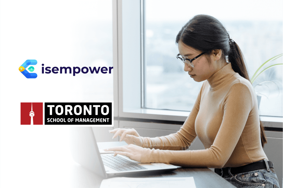 Background image of a woman typing on a latpop with Isempower and TSoM Logo overlay