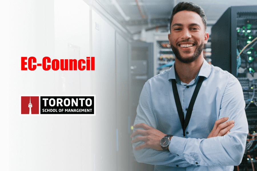 Man in a server room smiling with EC Council and TSoM Logo overlay