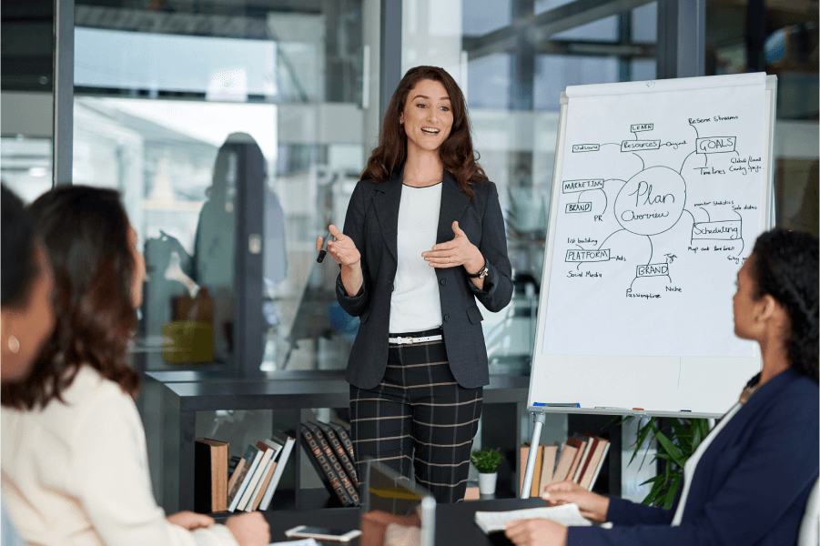 Image of a woman sharing her marketing plans with a group