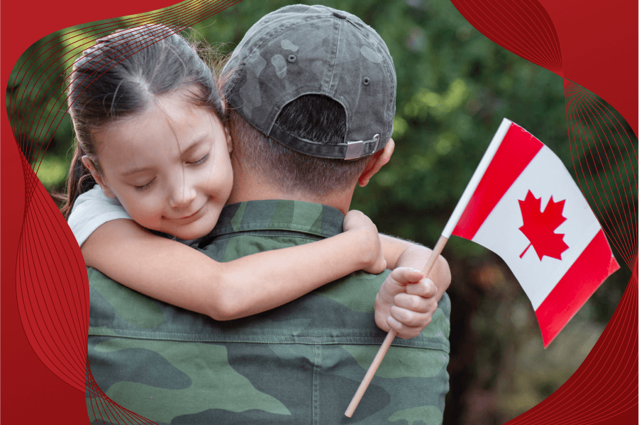 Image of a little girl hugging a soldier while holding a canadian flag
