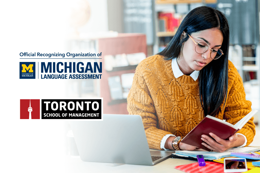 Image of a student reading a book with overlay of Michigan Language Assessment and TSoM logos